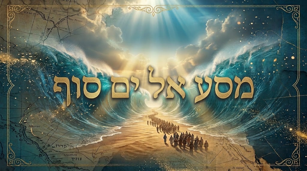 איור אמנותי של ים נבקע ושביל חול בין גלי מים, ברקע מפה עתיקה, והכותרת 'מסע אל ים סוף' באותיות זהב