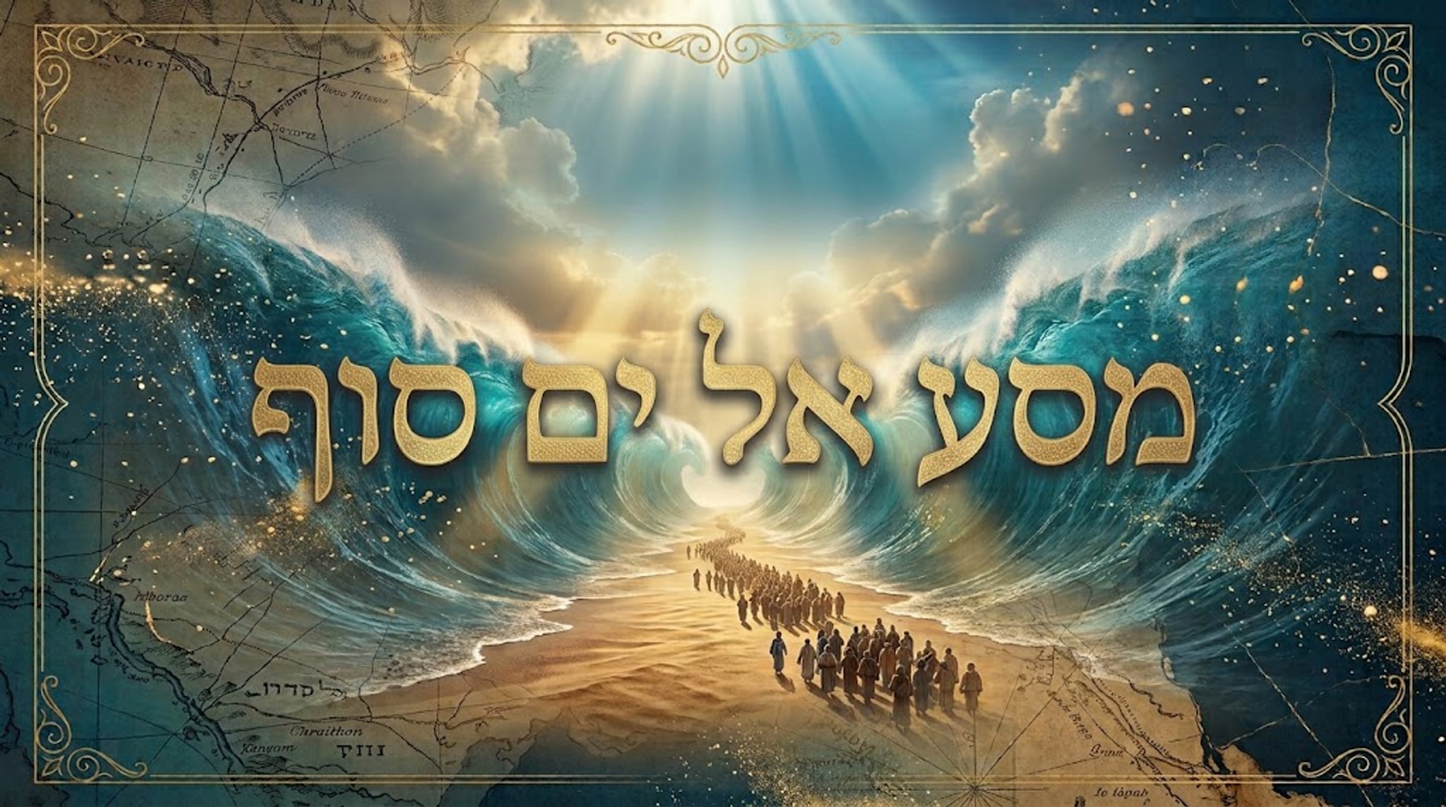 איור אמנותי של ים נבקע ושביל חול בין גלי מים, ברקע מפה עתיקה, והכותרת 'מסע אל ים סוף' באותיות זהב